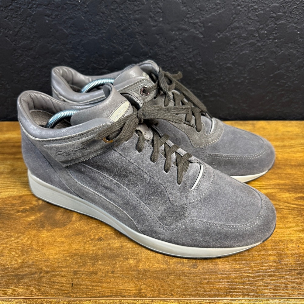 Santoni Club Gray Suede Leather Mid Top Sneakers Mens Size 9